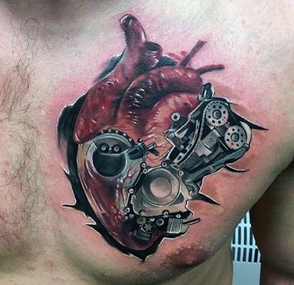 Chest Biomechanical Gears 3d Heart Tattoos For Men