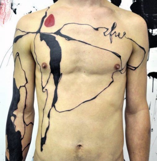 Chest Black Ink Lines Abstract Tattoo For Guys