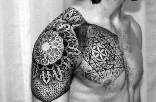 Chest Black Work Sacred Geometry Guys Tattoos