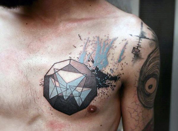 Chest Blue Black Triangular Pyramid Tattoo For Men