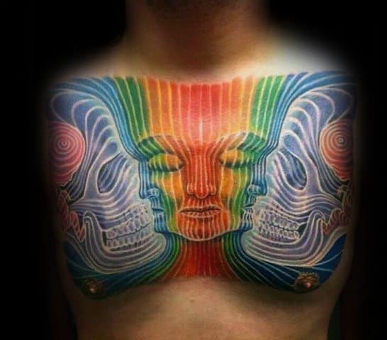 Chest Colorful Skulls With Face Consciousness Tattoo Designs For Guys