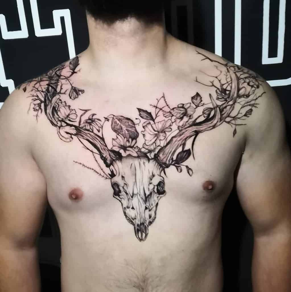 chest deer skull tattoo liptakgergotattoo