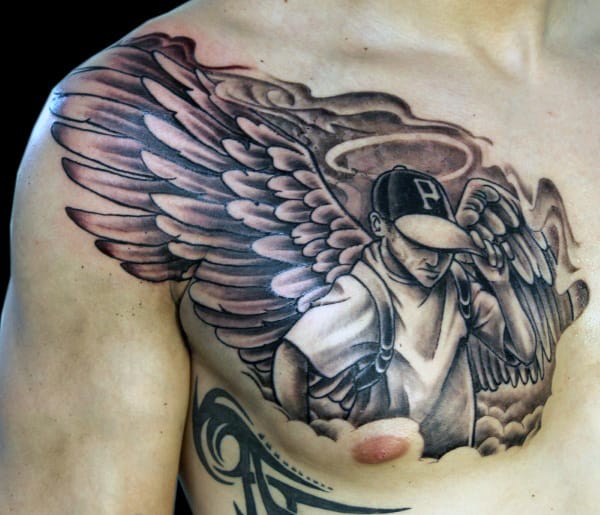 Chest Grey Ink Angel Tattoo For Men