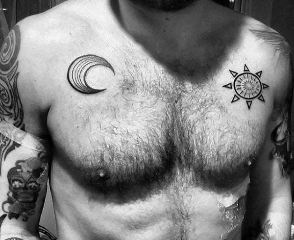 Chest Half Moon And Sun Tattoo For Men