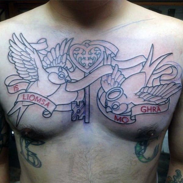 Chest Heart And Key Tattoo For Men