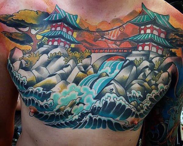 Chest Japanese River Wave Tattoo On Man
