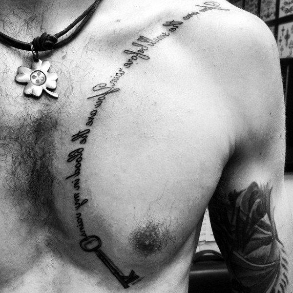 Chest Key And Quote Tattoo For Males