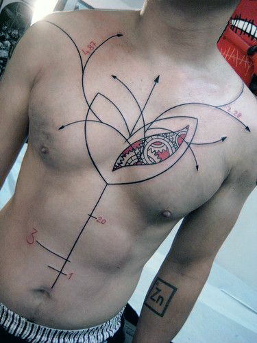 Chest Line Abstract Tattoo Ideas For Men With Arrows