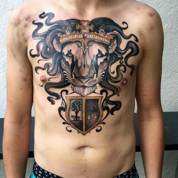 Chest Lion Shield Mens Tattoo