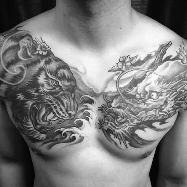 Chest Manly Tiger Dragon Tattoo Design Ideas For Men