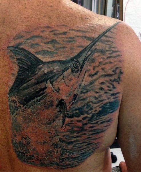 Chest Marlin Fish Bone Tattoo For Men