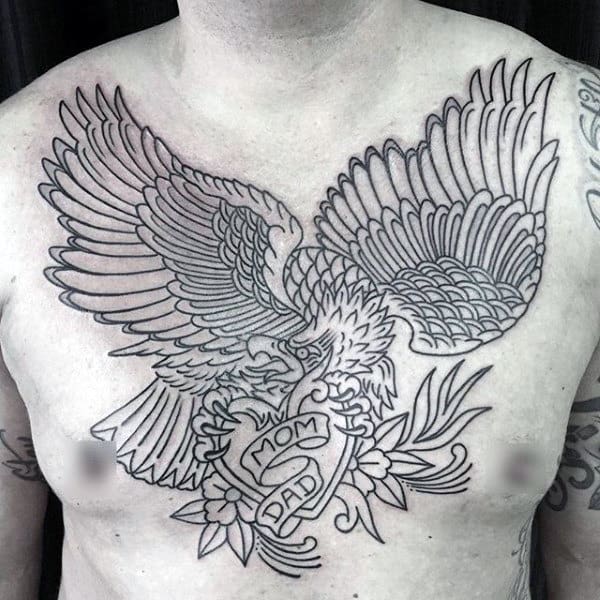 Chest Mens Black Ink Outline Mom And Dad Eagle Traditional Tattoos