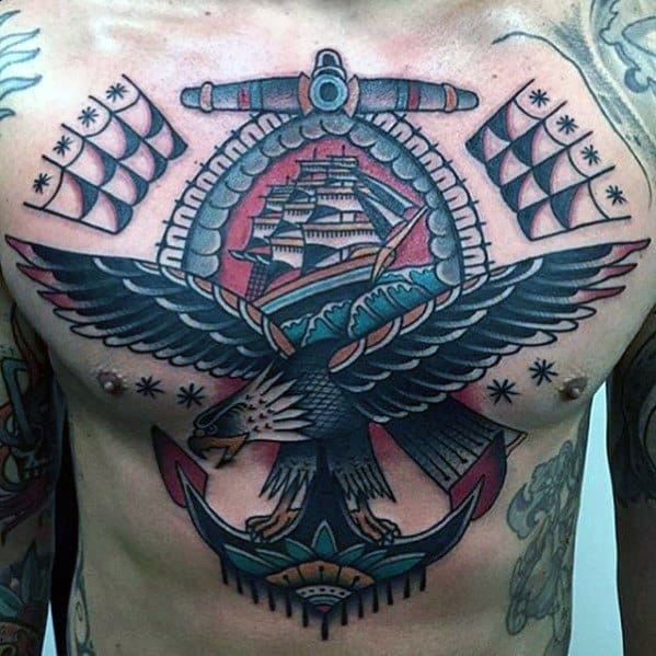 Chest Mens Eagle With Anchor Traditional Tattoo Ideas