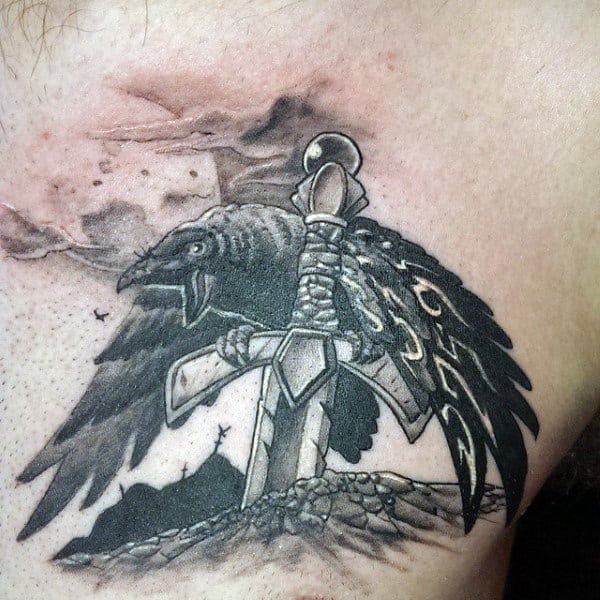 Chest Mens Sword Tattoo With Bird