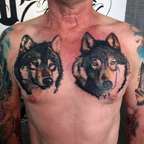 Chest Mens Two Wolf Heads Tattoo