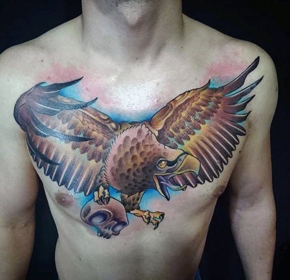 Chest Modern Eagle Skull Guys Tattoo Inspiration