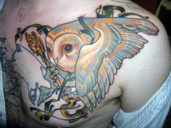 Chest Owl Tattoo With Key For Men