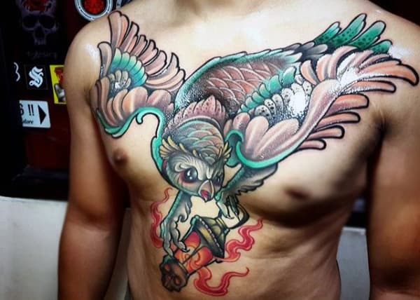 Chest Owl With Latern On Fire Detailed Mens Tattoos