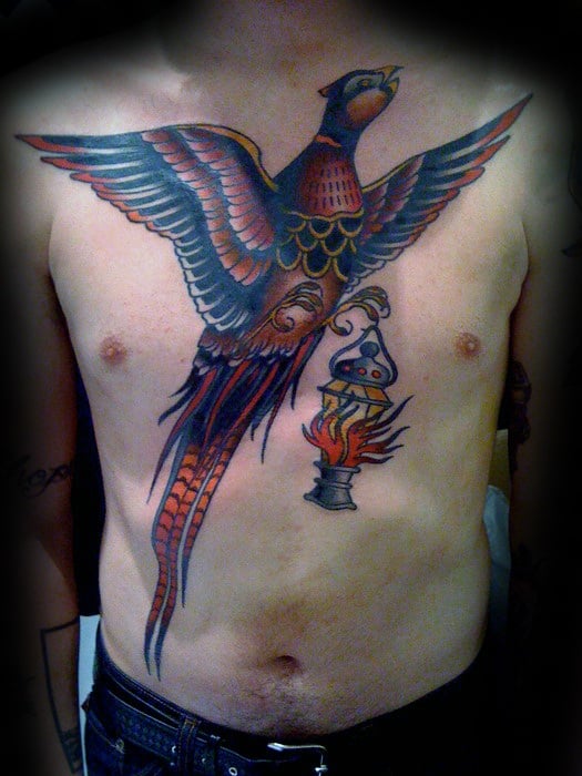 Chest Pheasant Flying With Lantern Mens Tattoo Ideas