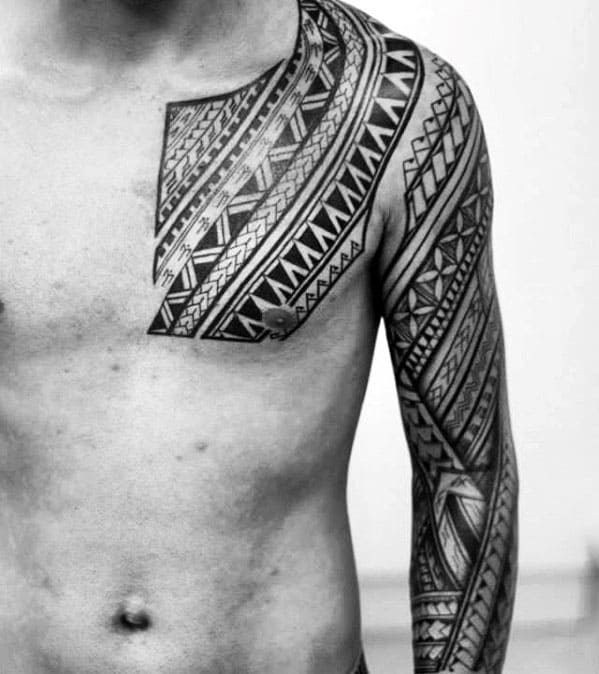 Chest Polynesian Tribal Chest And Sleeve Tattoos