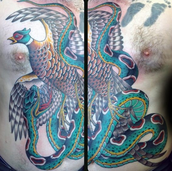 Chest Remarkable Snake With Pheasant Tattoos For Males