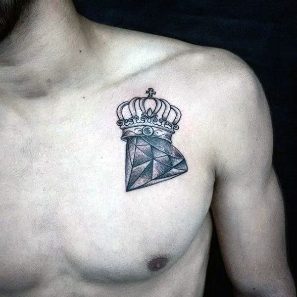Chest Sparkling Diamond And Crown Tattoo Male
