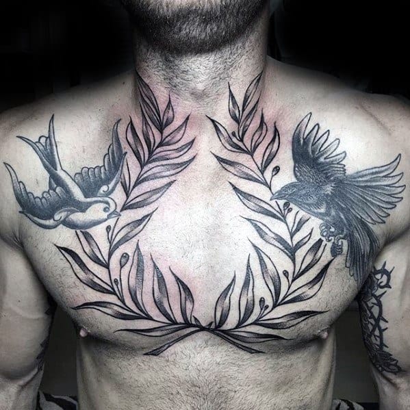 Chest Sparrows Flying With Laurel Wreath Tattoo Ideas For Males
