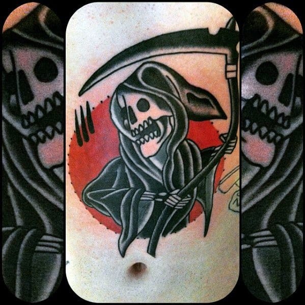 Chest Stomach Traditional Reaper Tattoo Design On Man