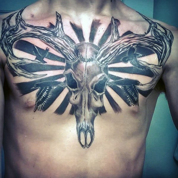 Chest Sun Ray Mens Deer Skull Tattoo