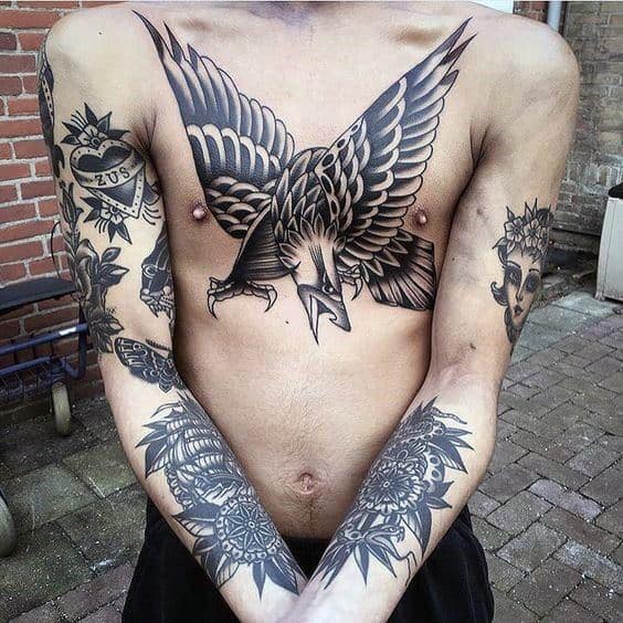Chest Tattoo Of Traditional Black Ink Eagle For Men