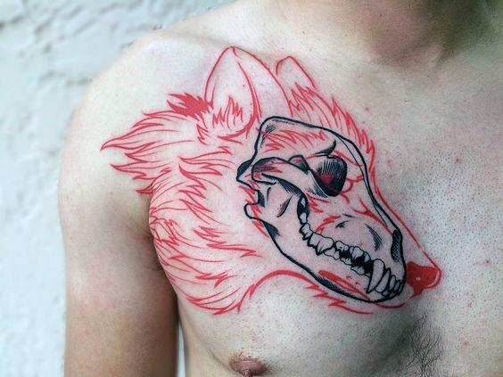 Chest Wolf Skull Cool Red And Black Tattoo Design Ideas For Male