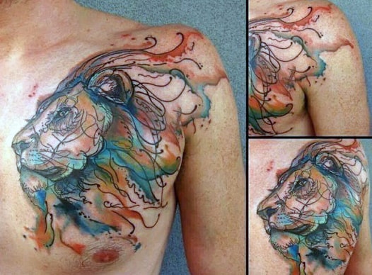 Chic Lion Head Watercolor Tattoo On Chest For Guys