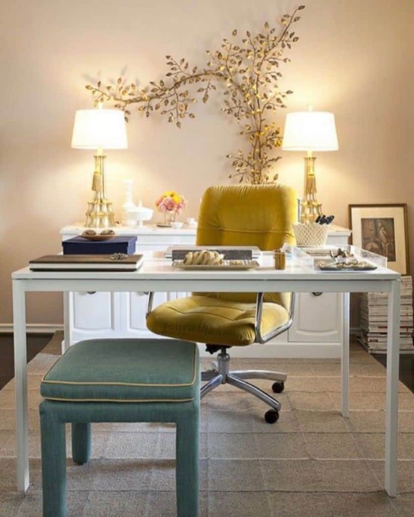 office decor ideas white desk yellow office chair gold lamps 