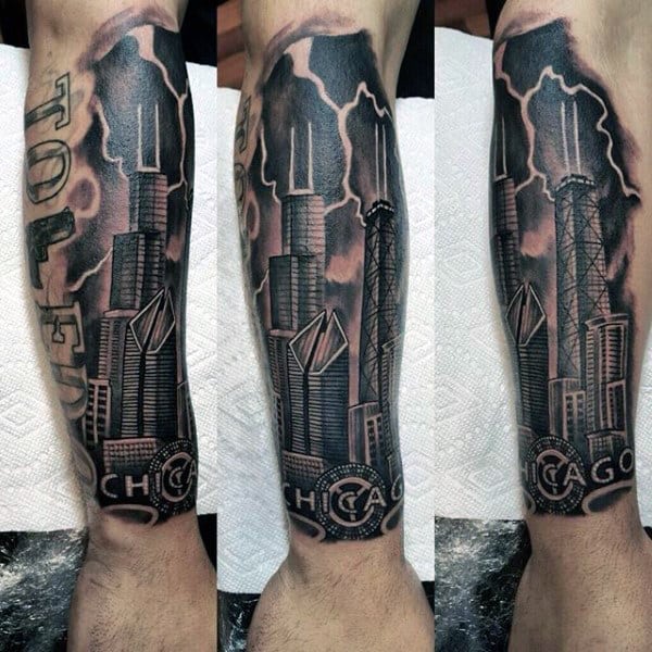 Chicago Building Mens Forearm Sleeve Tattoos