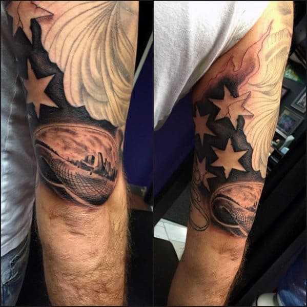 Chicago Skyline Guys Half Sleeve Tattoo Design Ideas