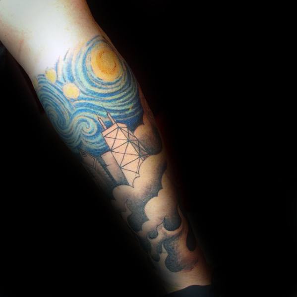 Chicago Skyline Guys Starry Night Forearm Sleeve Tattoo