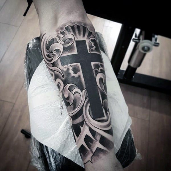 Chicano Cross Mens Inner Forearm Tattoos