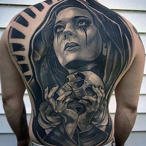 Chicano Guys Virgin Mary Holding Skull Guys Amazing Full Back Tattoos