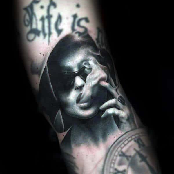 Chicano Style Mens Fight Club Marla Singer Tattoos On Inner Forearm