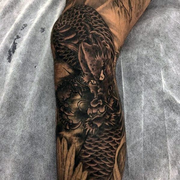 Chinese Dragon Black And Grey Ink Mens Leg Tattoos