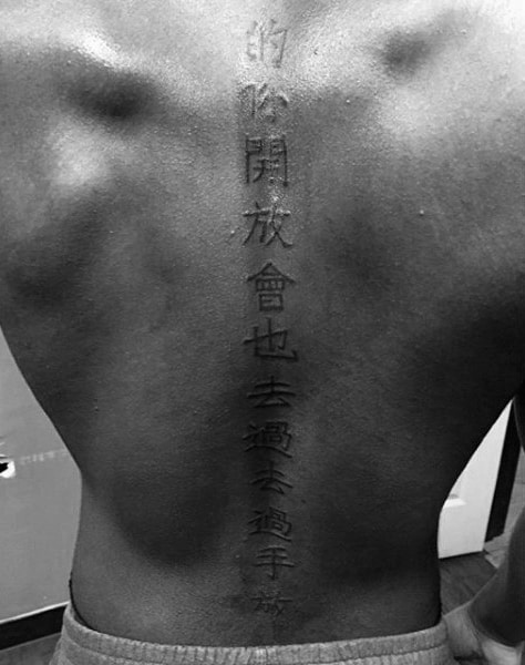 Chinese Lettering Male Spine Tattoos
