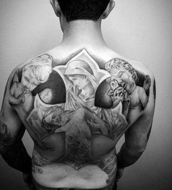 Christian Mens Back Jesus Baby With Mother Mary Tattoo