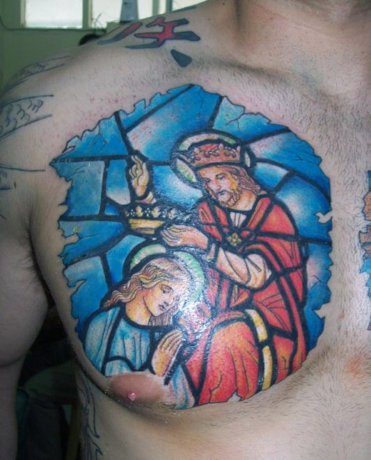 Christian Stained Glass Male Upper Chest Tattoo