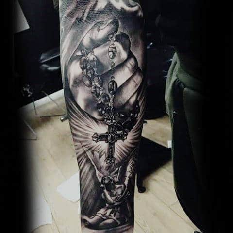 Christian Themed Sleeve Tattoo Cross And Rosary Beads For Guys