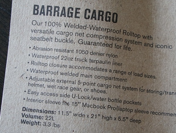 Chrome Industries Barrage Cargo Backpack Features Tag