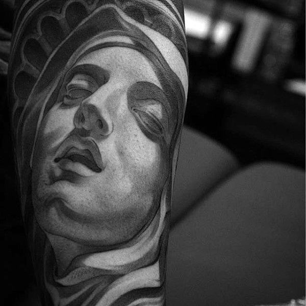 Church Window With Virgin Mary Face Mens Sleeve Tattoo