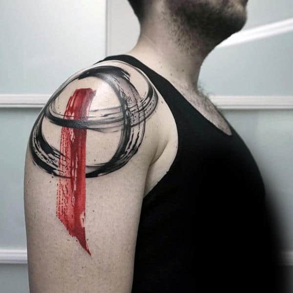 Circle And Line Brush Stroke Male Shoulder Arm Tattoo