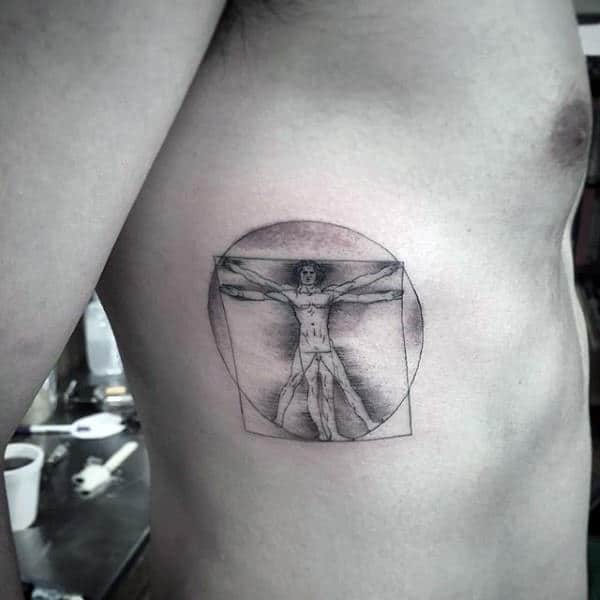 Circle And Square Vitruvian Man Mens Rib Cage Side Shaded Ink Tattoo