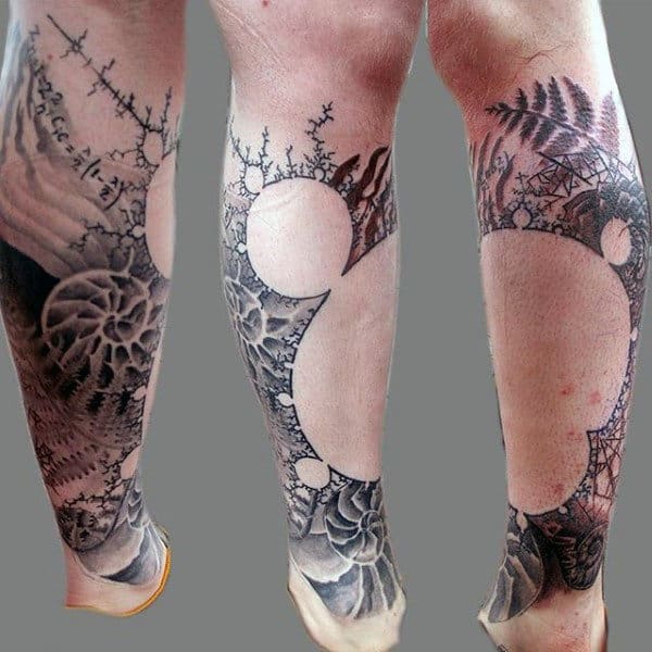 Circle Factal Negative Space Mens Leg Tattoos