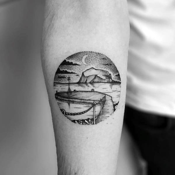 Circle Landscape Dotwork Water Dock Male Tattoos